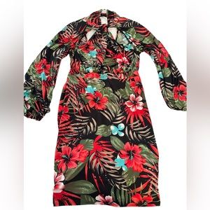 Floral dress open back , long sleeves, mid down the knees dress , neck size 0
